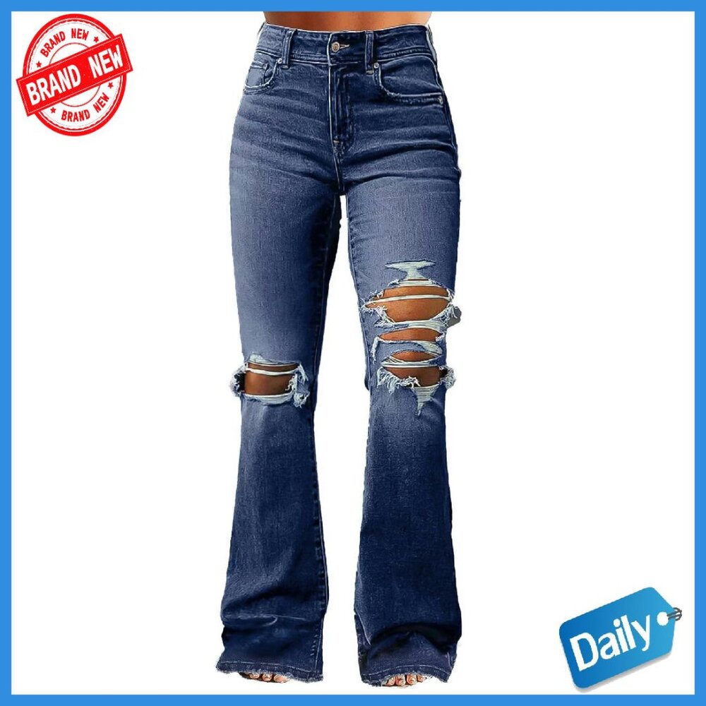 Mid Rise Bootcut Jeans With Stretchy Flared Fit And Ripped Details
